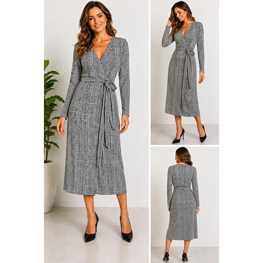 I.N.C. International Concepts Size M Black White Geometric Print Midi Wrap Dress